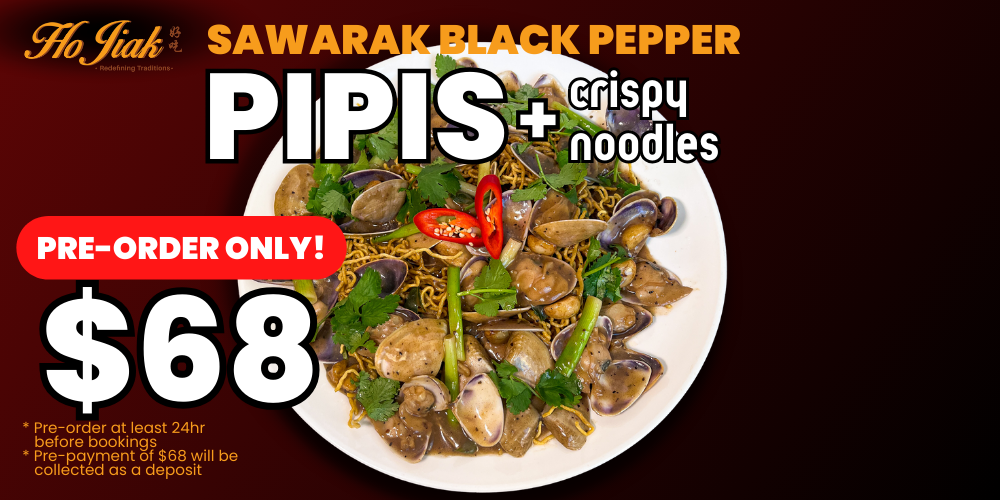 Sarawak Pepper Pipis with Crispy Noodles  $68 per serve.    *A deposit of $68 will be collected  *Pre-Order 24 hours before your booking is essential.